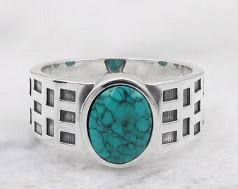 925 Silver Turquoise Ring, Oval Gemstone Signet Ring, Minimalist Men's Statement Jewelry