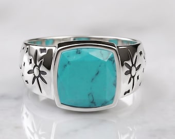 Anello con sigillo in turchese naturale e argento sterling 925, con pietra preziosa taglio cuscino, regalo per il marito.