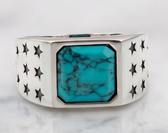 Natural Turquoise Ring, 925 Sterling Silver, Octagon Signet Jewelry , Blue Gemstone Ring, Anniversary Gift