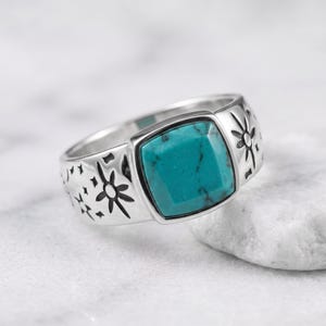 Bague chevalière turquoise naturelle en argent sterling 925, bague avec pierres précieuses taille coussin, cadeau pour mari image 5