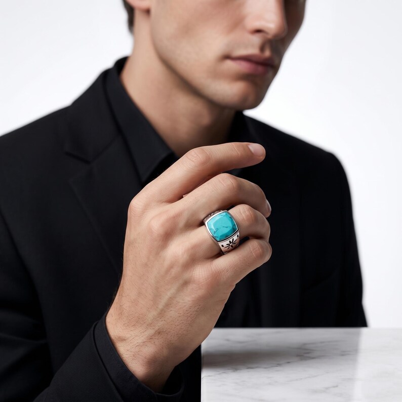 Bague chevalière turquoise naturelle en argent sterling 925, bague avec pierres précieuses taille coussin, cadeau pour mari image 7