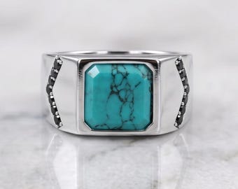 Anello con sigillo in turchese e zaffiro blu, gioiello con gemma taglio smeraldo, regalo per