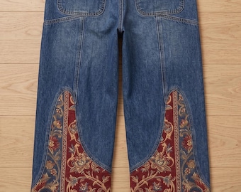 Baggy Unisex Tapestry Jeans | Y2K Streetwear Denim with Woven Floral Panels | Maximalist Men's & Women's Pants