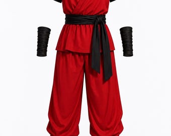 May include: A red and black martial arts style costume set consisting of a short-sleeved black shirt, a red wrap-style top, matching red loose-fitting trousers, a black waist sash, two black arm guards, and a pair of black boots with red trim.