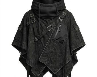 Techwear Tactical Hooded Poncho – Czarna peleryna w stylu gotyckim Streetwear – Unisex Cosplay Wear