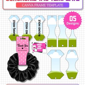 Könnte beinhalten: Ein digitales Vorlagenset für Scrunchie-Anhänger mit fünf verschiedenen Formen, inklusive Optionen für Aufhängelöcher, ohne Loch und mit rundem Loch. Enthält ein rosa gepunktetes Etikett mit dem Text Thank You und ein schwarzes Satin-Scrunchie.