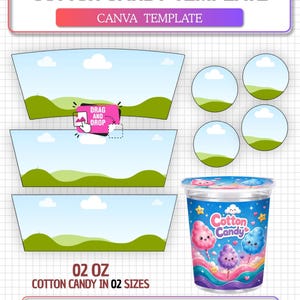 May include: A digital Cotton Candy template for Canva featuring A4 sheet size, editable landscape graphics, circular labels, and a 2 oz cotton candy cup illustration with pink, blue, and purple clouds, stars, and hearts on a grid background.