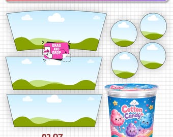 Cotton Candy Label, Editable Canva Tub Wrapper Template, Printable Party Favor Wrap and Lid Label, Drag and Drop Candy Floss Design