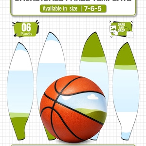 May include: A basketball panel template featuring six elongated shapes with green and blue landscape graphics. The design includes the text BASKETBALL PANEL TEMPLATE, Available in size 7-6-5, 06 Panels, DRAG AND DROP, A4 Sheet Size, and 100% Editable in Canva.