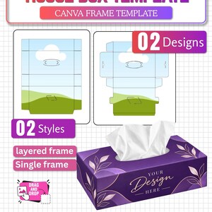 May include: A digital tissue box template for Canva featuring two design styles, layered and single frames, with a purple box mockup displaying white tissues and the text "YOUR DESIGN HERE" surrounded by gold leaf illustrations.