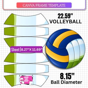 Peut inclure: Un modèle de panneau de volley-ball pour Canva présentant une disposition à plat de segments incurvés et un graphique de ballon de 57,38 cm. La feuille mesure 21,01 cm sur 29,69 cm avec un diamètre de ballon de 20,70 cm. Texte : Volleyball Panel Template.