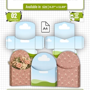 Plantilla de caja para sobre de flores en Canva, 2 diseños editables, empaque imprimible para cajas de flores, caja de regalo para ramos DIY, arrastrar y soltar, cortar y plegar.