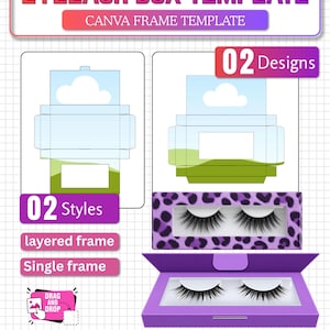 May include: An eyelash box template featuring two designs and two styles, including a layered frame and a single frame. The graphic includes text reading Eyelash Box Template, 02 Designs, 02 Styles, A4 Sheet Size, and 100% Editable in Canva.