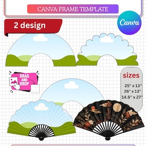 Puede incluir: Una plantilla de marco Canva para abanico clack con dos diseños, incluyendo un gráfico de paisaje con nubes y colinas, y un abanico negro con motivos florales. El texto incluye CLACK FAN EDITABLE, tamaños 25" x 13", 26" x 13", 14.5" x 27".