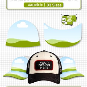 May include: A digital template for a trucker hat featuring the text ULTIMATE TRUCKER HAT TEMPLATE, Available in 03 Sizes, A4 Sheet Size, and 100% Editable in Canva. The graphic shows hat panels with a landscape print and a sample hat with a black patch.