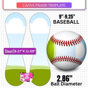 Puede incluir: Una plantilla de panel de béisbol para Canva con dos formas blancas y azul claro con bases verdes, una pelota de béisbol blanca con costuras rojas y texto que incluye BASEBALL PANEL TEMPLATE, 9-9.25 inch baseball, 8.27x11.69 inch sheet y 2.86 inch diameter.