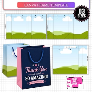 May include: An editable paper gift bag Canva frame template featuring three sizes. The design includes flat layouts with a blue sky and green hills pattern, and a finished dark blue bag with pink sides and the text Thank You FOR BEING SO AMAZING!