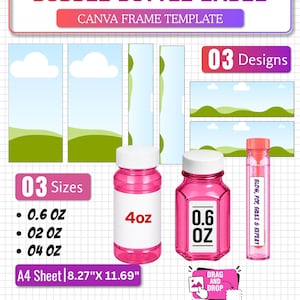 Puede incluir: Una plantilla de marco de Canva para etiquetas de botellas de burbujas en tres tamaños: 0.6 oz, 2 oz y 4 oz. El gráfico incluye tres diseños con cielo azul y colinas verdes, el texto BUBBLE BOTTLE LABEL y una hoja A4 de 21 x 29,7 cm.