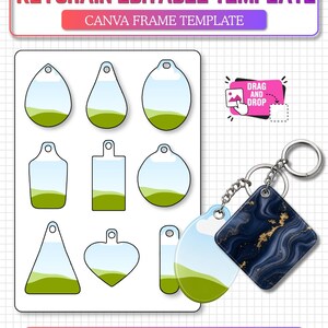 以下が含まれることがあります： Canva用のデジタルキーホルダー編集可能テンプレート。ティアドロップ、長方形、ハートなどの様々な形状が含まれています。画像には「KEYCHAIN EDITABLE TEMPLATE」、「CANVA FRAME TEMPLATE」、「DRAG AND DROP」、「A4 Sheet Size」、「100% Editable in Canva」というテキストが記載されています。