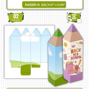 May include: A pencil box template with a pencil design. The template is available in size 8.27" x 11.69". The design includes a pencil box with a blue sky and green grass design, and a pencil box with a "Back to School" theme.