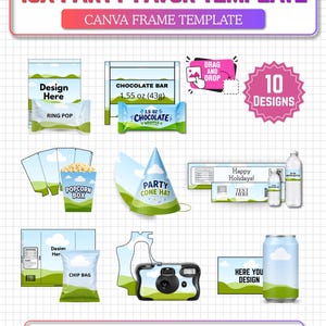Puede incluir: Un conjunto de plantillas digitales titulado 10X PARTY FAVOR TEMPLATE CANVA FRAME TEMPLATE que incluye 10 diseños para artículos como un ring pop, barra de chocolate, caja de palomitas, gorro de fiesta, botella de agua, bolsa de papas, cámara y lata en tamaño A4.