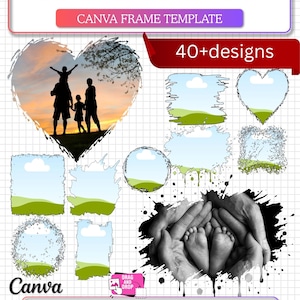 Può includere: Un modello di cornice digitale per Canva con bordi effetto candeggina e oltre 40 design. Il layout include varie forme come cuori e cerchi con paesaggi, una silhouette di famiglia e piedi di neonato. Testo: A4 Sheet Size e 100% Editable in Canva.