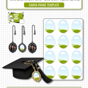 Puede incluir: Una plantilla digital para dijes de birrete de graduación con el texto GRADUATION CAP CHARM TEMPLATE y CANVA FRAME TEMPLATE. Incluye un birrete negro con un dije dorado, tres dijes de cadena negra y una hoja con doce marcos ovalados.