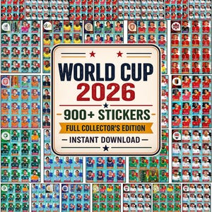 May include: A digital collection of over 900 World Cup 2026 stickers featuring various football player portraits arranged in a grid. The central white rectangular label displays the text WORLD CUP 2026, 900+ STICKERS, FULL COLLECTOR'S EDITION, and INSTANT DOWNLOAD in bold blue and red lettering with red star accents.