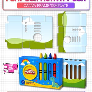 Puede incluir: Una plantilla de marco de Canva para caja de actividades Play Doh, con una caja azul, un marco circular amarillo, un arcoíris y un dinosaurio. El conjunto incluye diseños de caja planos, cuatro crayones de colores y el texto Play Doh Activity Box.