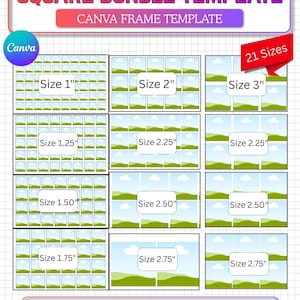 May include: A digital square bundle template for Canva featuring 21 sizes labeled from 1 inch to 2.75 inches. The graphic displays multiple grids of image frames with a landscape illustration of green hills and blue skies. Text includes A4 Sheet Size.