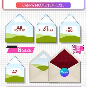 May include: A digital Canva frame template for custom envelope liners featuring six sizes including 6.5 square, A7 euro flap, A1 4 bar, and A2. The graphic displays envelope shapes with a landscape illustration, a drag and drop icon, and A4 sheet size text.