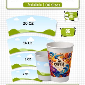 Może przedstawiać: Cyfrowy szablon Canva na owijki do kubków papierowych z tekstem PAPER CUP WRAP CANVA TEMPLATE, 20 OZ, 16 OZ, 8 OZ, 4 OZ oraz COFFEE GOOD IDEAS START HERE. Projekt zawiera zielone wzgórza, niebieskie niebo i kolorowy wzór wirujących linii.