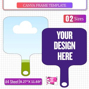 Op de afbeelding: Een Canva-frame sjabloon voor droog uitwisbare antwoordpeddels met twee peddelvormen, één lichtblauw met een wolk en één donkerpaars met de tekst YOUR DESIGN HERE. Inclusief A4-velafmetingen van 21,0 cm bij 29,7 cm en bewerkbare functies.