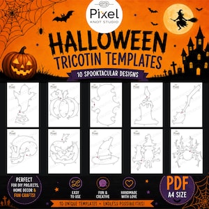 May include: A digital collection of 10 Halloween-themed PDF tricot templates in A4 size. The orange background features a pumpkin, spider web, bats, and a haunted house. The templates include outlines for a ghost, pumpkin, bat, candle, broom, skull, jack-o'-lantern, witch hat, cat with witch, and spider.