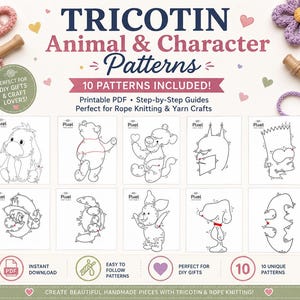 Tricotin Character Patterns Bundle, 10 Printable Rope Knitting Templates (PDF Download)
