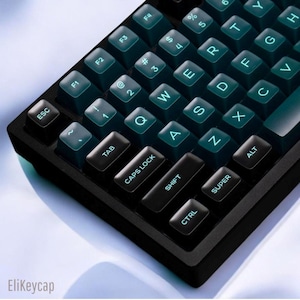 May include: A black mechanical keyboard featuring dark teal keycaps with illuminated cyan lettering. The keys display standard QWERTY layout characters, including function keys, modifier keys like Shift, Caps Lock, and Ctrl, and the text EliKeycap.