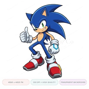 Könnte beinhalten: Eine digitale Illustration der blauen Igel-Figur Sonic mit großen, stacheligen Haaren, grünen Augen, weißen Handschuhen und roten Turnschuhen mit weißen Riemen. Die Figur steht in einer dynamischen Pose und zeigt mit einer Hand einen Daumen hoch.