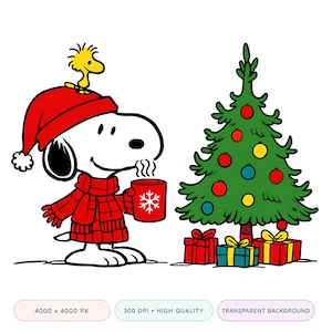 May include: A white beagle wearing a red knit sweater, red scarf, and red winter hat with a yellow bird on top, holding a red mug with a white snowflake. Beside the beagle is a green Christmas tree decorated with colorful ornaments and gifts.