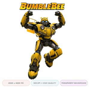 Può includere: Un action figure robotica gialla e nera con occhi blu luminosi e braccia sollevate, in una posa dinamica. Il testo BUMBLEBEE appare in lettere gialle in grassetto sopra la figura, che si trova su uno sfondo bianco uniforme.