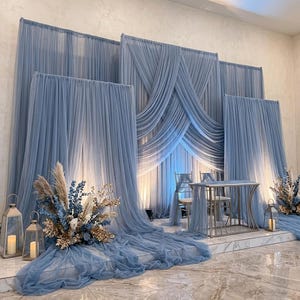 Tela de arco azul empolvado / Fondo de mesa de tul transparente para novios, decoración de escenario para eventos, cortina romántica para ceremonia de boda