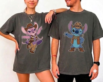 1 Maglietta Cowboy Stitch, Magliette abbinate Western Stitch e Angel Couple, Maglietta pesante dai colori comfort retrò, Abbigliamento carino per il viaggio a Disney