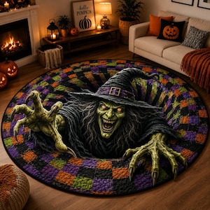 May include: A round area rug featuring a 3D optical illusion of a green-skinned witch with sharp claws and a pointed hat emerging from a black, purple, and orange checkered hole. The design creates a deep, immersive effect on the floor surface.