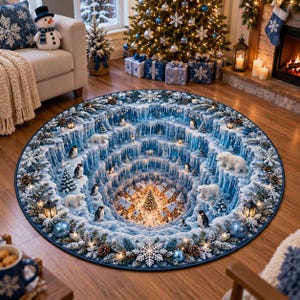 May include: A round area rug featuring a 3D-style optical illusion of a deep, icy cavern. The design includes layers of blue ice cliffs, white polar bears, penguins, and a central village with glowing houses and a Christmas tree, framed by snowflakes.