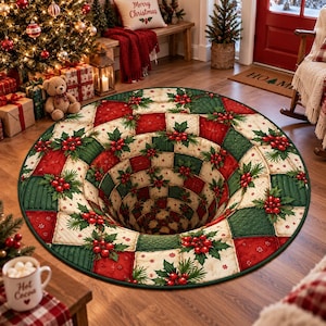 May include: A round area rug featuring a 3D optical illusion of a deep hole. The rug has a quilted pattern of red, dark green, and cream-coloured squares, each decorated with printed holly leaves and red berries throughout the entire surface.
