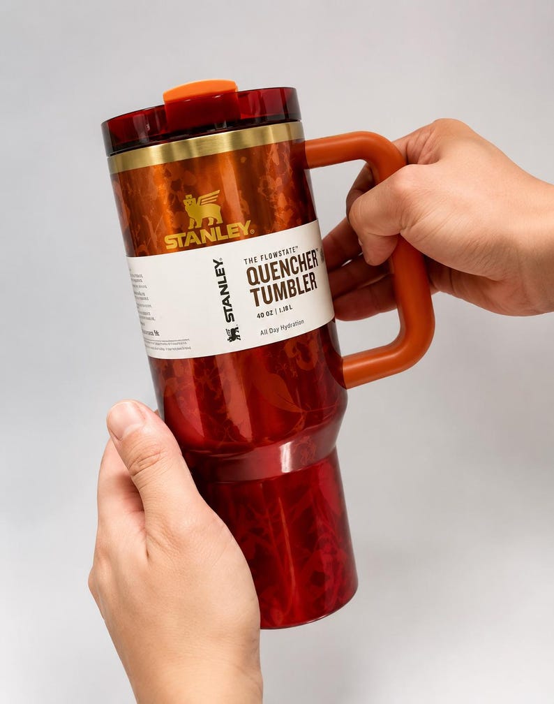 May include: A 40 oz Stanley The Flowstate Quencher Tumbler in a deep red and orange marbled pattern. It features a metallic gold rim, an orange handle, and a dark red lid with an orange tab. A white product label displays the Stanley logo and text.