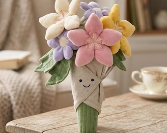 Plush Flower Bouquet Toy, Soft Stuffed Floral Doll, Kawaii Pastel Room Decor, Fake Flowers Smile Wrap, Cute Cuddly Plant Plushie, Gift for H