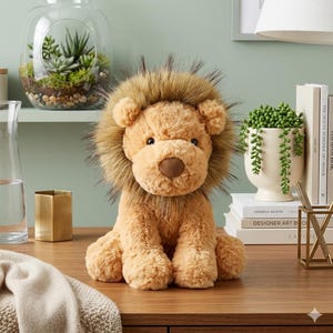 Puede incluir: Un juguete de león de peluche con un cuerpo marrón y una melena marrón. El animal de peluche está sentado sobre una superficie de madera. El león tiene una nariz marrón y ojos negros pequeños. El fondo incluye elementos decorativos.