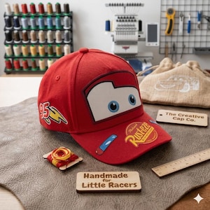 Puede incluir: Gorra de béisbol roja con un diseño de coche de dibujos animados y el número 95. La gorra tiene el texto "Rusteze" y "Handmade for Little Racers" en un letrero de madera. También se ve una bolsa de yute.