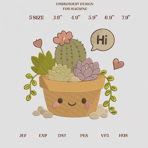 May include: Machine embroidery design featuring a smiling terracotta pot filled with various succulents and a cactus with a pink flower. A speech bubble says Hi, and a small heart is nearby. Text includes EMBROIDERY DESIGN FOR MACHINE, 5 SIZE 3.9" 4.9" 5.9" 6.9" 7.9", JEF, EXP, DST, PES, VP3, HUS.