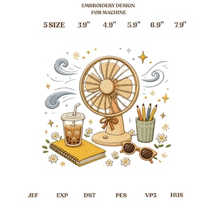Sommerliche Schreibtisch-Vibes Stickmuster, niedlicher Ventilator mit Bubble Tea und Schreibwarenmotiven, Aufnäher, Geschenk